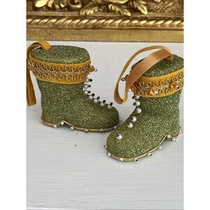 Vintage Push Pin Christmas Ornament  Sequin Retro MCM Boots Green Gold